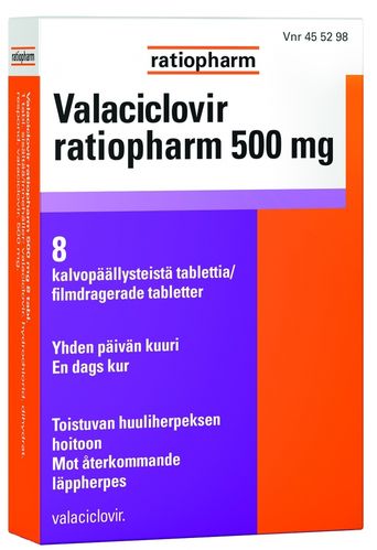 VALACICLOVIR RATIOPHARM 500 mg huuliherpeslääke 8 tablettia