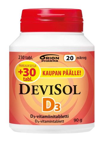 * * DEVISOL D3-vitamiini 20 mikrog 200 + 30 purutablettia